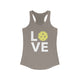Warm gray racerback tank top with LOVE text design and a yellow pickleball replacing the O