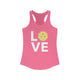 Hot pink racerback tank top with LOVE text design and a yellow pickleball replacing the O