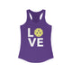 Purple rush racerback tank top with LOVE text design and a yellow pickleball replacing the O