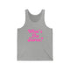 Athletic heather pickleball tank top with a pink script What's the Score text design