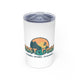 White vacuum insulated tumbler with a full-color "Coast to Coast Pickleball" badge logo with a mountain, palm tree, and sunset scene