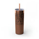 Glitter Rosegold skinny tumbler with straw and a "Peace Love Pickleball" design with a peace-sign hand, a heart, and a paddle and ball