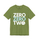 Heather green t-shirt with a stacked ZERO ZERO TWO text design and a pickleball replacing the O in two