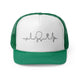 Green trucker cap with a heartbeat-line illustration incorporating a paddle and pickleball