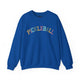 Royal blue crewneck sweatshirt with a colorful arched PICKLEBALL text design