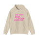 Sand pickleball hoodie with a pink script We Wear Pink and Play Pickleball text design