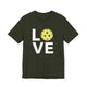Dark olive t-shirt with a LOVE text design and a yellow pickleball replacing the O