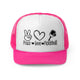 Pink trucker cap with a "Peace Love Pickleball" design with a peace-sign hand, a heart, and a paddle and ball