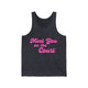 Pickleball tank top with a pink script Meet You on the Court text design