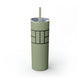 Glitter Seascape skinny tumbler with straw and a line-art illustration of a pickleball court
