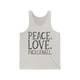 Unisex pickleball tank top with peace sign, heart, and pickleball paddle icons above "Peace, Love, Pickleball" text