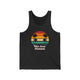 Dark Grey Heather unisex pickleball tank top with a retro sunset circle with silhouetted palm trees and "West Coast Pickleball" script text