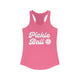 Hot pink racerback tank top with retro script Pickle Ball text and a pickleball icon