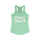 Mint racerback tank top with retro script Pickle Ball text and a pickleball icon