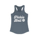 Indigo racerback tank top with retro script Pickle Ball text and a pickleball icon