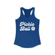 Royal blue racerback tank top with retro script Pickle Ball text and a pickleball icon