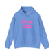 Carolina blue pickleball hoodie with a pink script Drop Shot text design