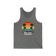 Deep Heather unisex pickleball tank top with a retro sunset circle with silhouetted palm trees and "West Coast Pickleball" script text