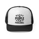 Black trucker cap with "Happy People Play Pickleball" text with pickleball and paddle icons