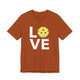 Autumn orange t-shirt with a LOVE text design and a yellow pickleball replacing the O