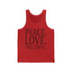 Unisex pickleball tank top with peace sign, heart, and pickleball paddle icons above "Peace, Love, Pickleball" text