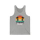 Athletic Heather unisex pickleball tank top with a retro sunset circle with silhouetted palm trees and "West Coast Pickleball" script text