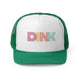Green trucker cap with a rainbow-striped "DINK" wordmark