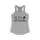 Women's racerback pickleball tank top with peace sign, heart, and pickleball paddle icons above "Peace, Love, Pickleball" text