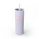 Glitter Lilac skinny tumbler with straw and "Happiest On the Court" script text with sparkle stars