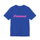 True royal blue pickleball t-shirt with a pink script Pickleball text design