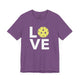 Heather team purple t-shirt with a LOVE text design and a yellow pickleball replacing the O
