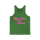 Pickleball tank top with a pink script Meet You on the Court text design