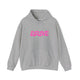 Sport gray pickleball hoodie with a pink retro bubble ERNE text design