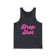 Pickleball tank top with a pink script Drop Shot text design