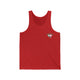 Red triblend tank top with a small PICKLEBALLER chest logo featuring crossed pickleball paddles
