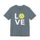 T-shirt with a LOVE text design and a yellow pickleball replacing the O