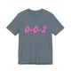 Heather slate pickleball t-shirt with a pink script 0-0-2 text design