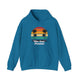 Antique Sapphire pickleball hoodie with a retro sunset circle with silhouetted palm trees and "West Coast Pickleball" script text