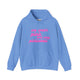 Carolina blue pickleball hoodie with a pink script We Wear Pink and Play Pickleball text design