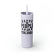 Glitter Lilac skinny tumbler with straw and "Happy People Play Pickleball" text with pickleball and paddle icons