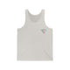 White fleck triblend tank top with a small PICKLEBALLER chest logo featuring crossed pickleball paddles