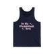 Navy unisex pickleball tank top with pink retro-style text "In My Pickleball Era" and sparkle accents