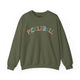 Military green crewneck sweatshirt with a colorful arched PICKLEBALL text design