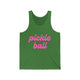 Pickleball tank top with a pink script Pickle Ball text design