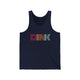 Navy unisex pickleball tank top with a rainbow-striped "DINK" wordmark