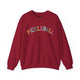 Cardinal red crewneck sweatshirt with a colorful arched PICKLEBALL text design