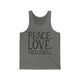 Unisex pickleball tank top with peace sign, heart, and pickleball paddle icons above "Peace, Love, Pickleball" text