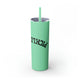 Mint skinny tumbler with straw and an upside-down "PICKLEBALL" wordmark