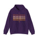 Purple hoodie with PICKLEBALL repeated in a stacked gradient text design with heart accents