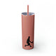 Glitter Dusty Rose skinny tumbler with straw and a silhouette illustration of a pickleball player mid-swing